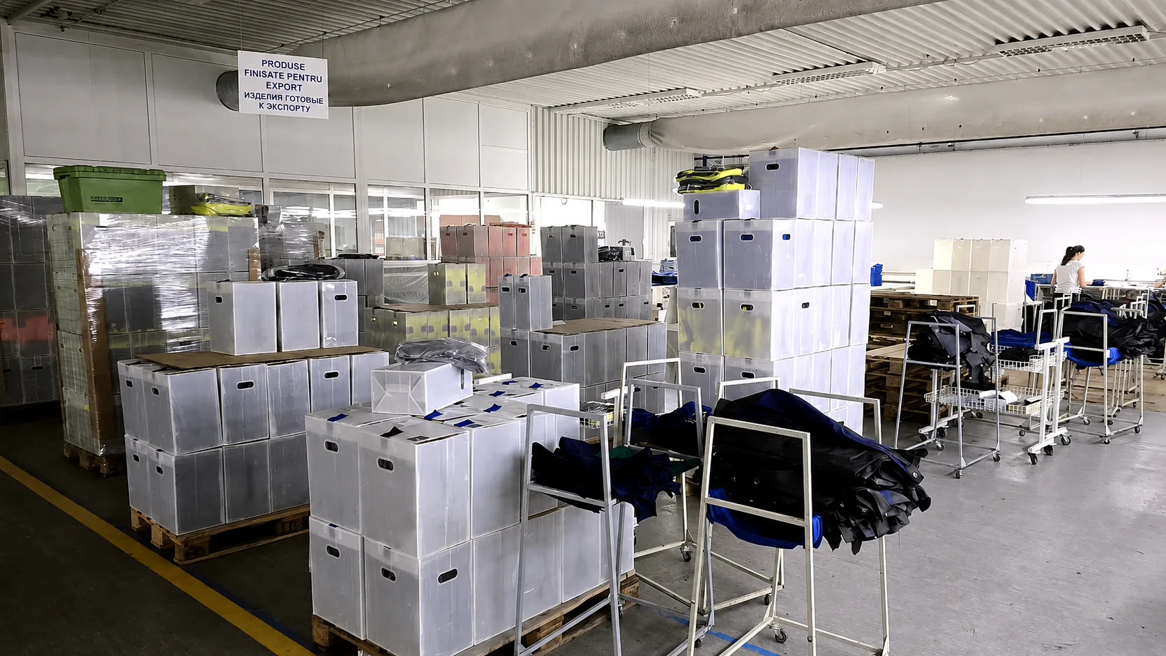 Finished workwear products packed and prepared for shipment at Eco Textil Grup