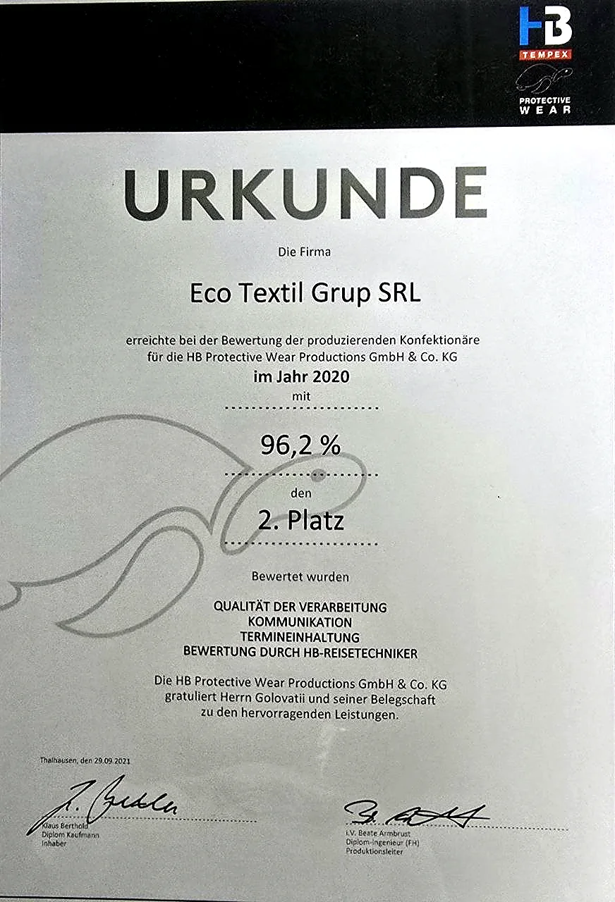 HB Protective Wear supplier assessment for Eco Textil Grup SRL in 2020: 96.2%, 2nd place