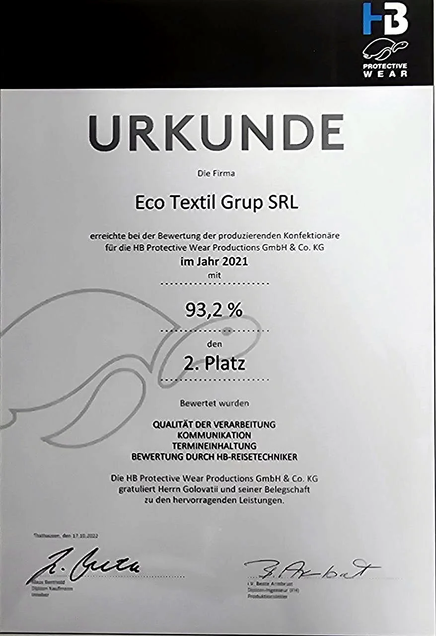 HB Protective Wear supplier assessment for Eco Textil Grup SRL in 2021: 93.2%, 2nd place