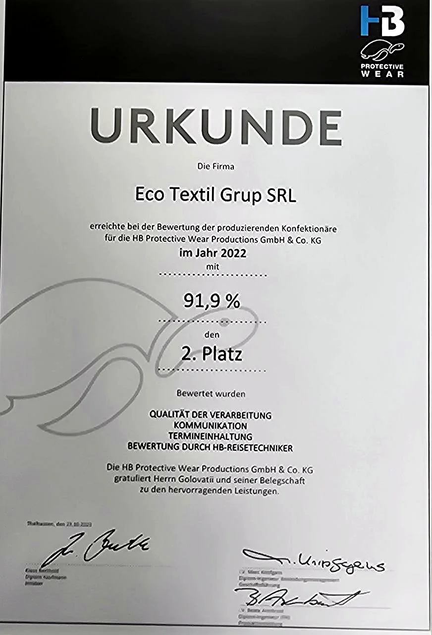 HB Protective Wear supplier assessment for Eco Textil Grup SRL in 2022: 91.9%, 2nd place