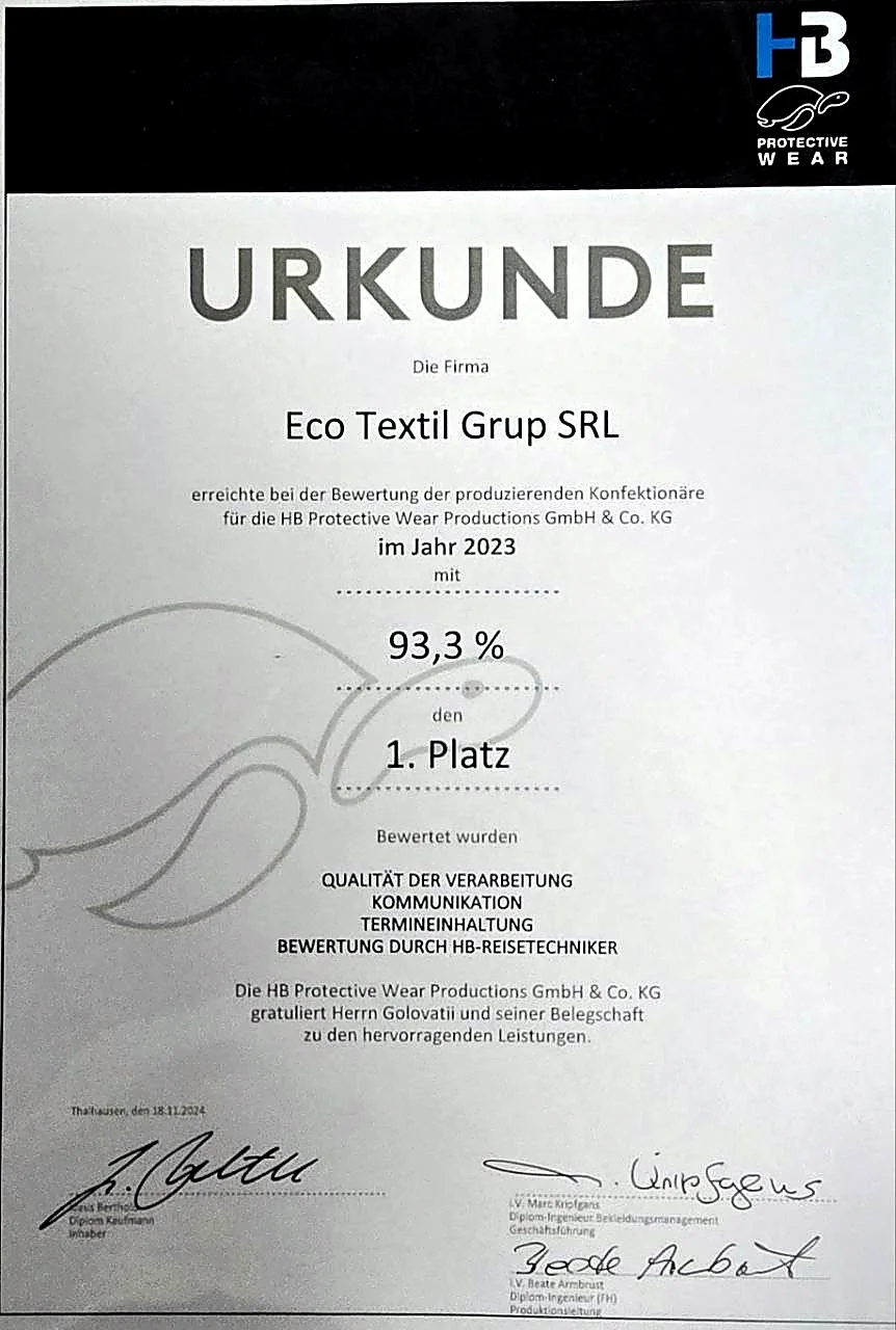 HB Protective Wear supplier assessment for Eco Textil Grup SRL in 2023: 93.3%, 1st place