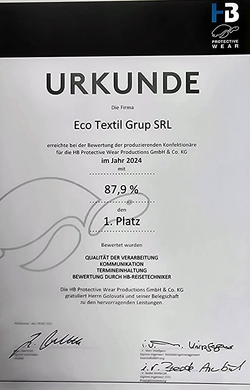 HB Protective Wear supplier assessment for Eco Textil Grup SRL in 2024: 87.9%, 1st place