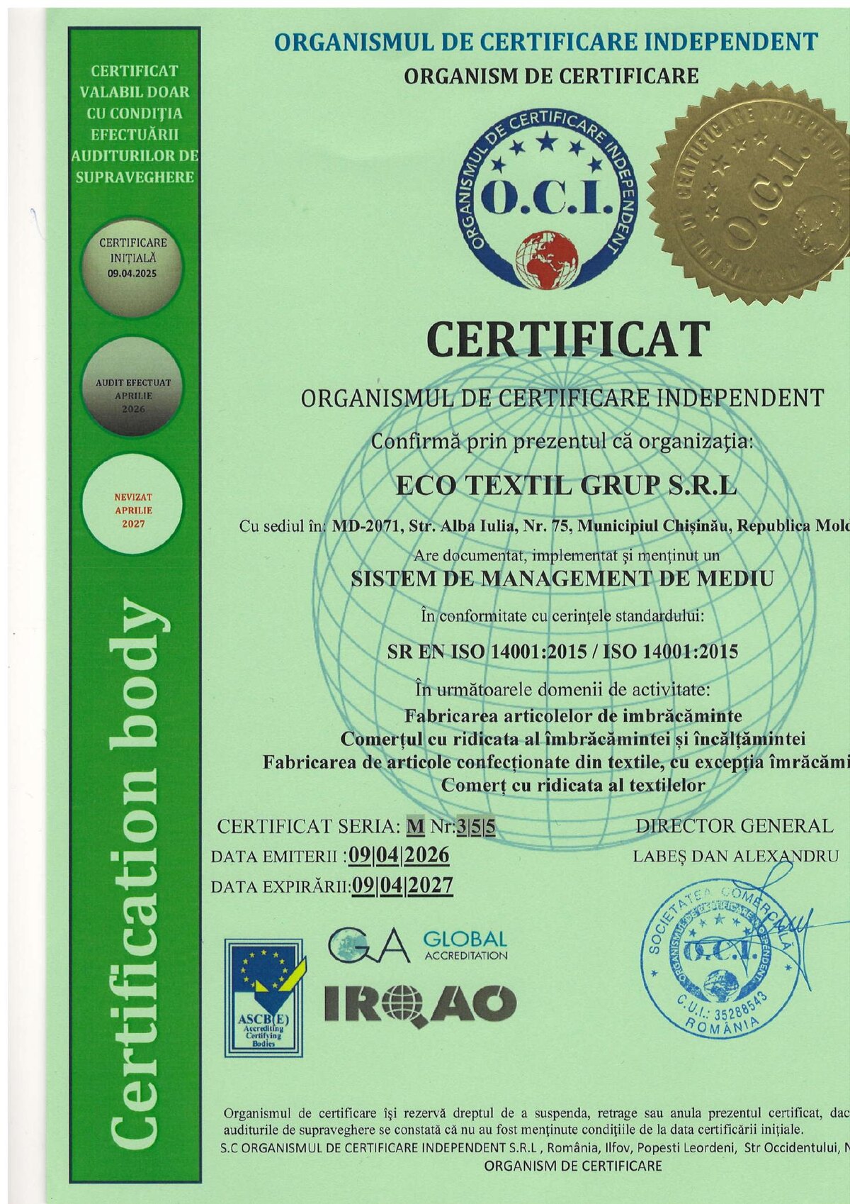 ISO 14001:2015 certificate for the Eco Textil Grup SRL environmental management system, certificate M 355, valid from 9 April 2026 to 9 April 2027