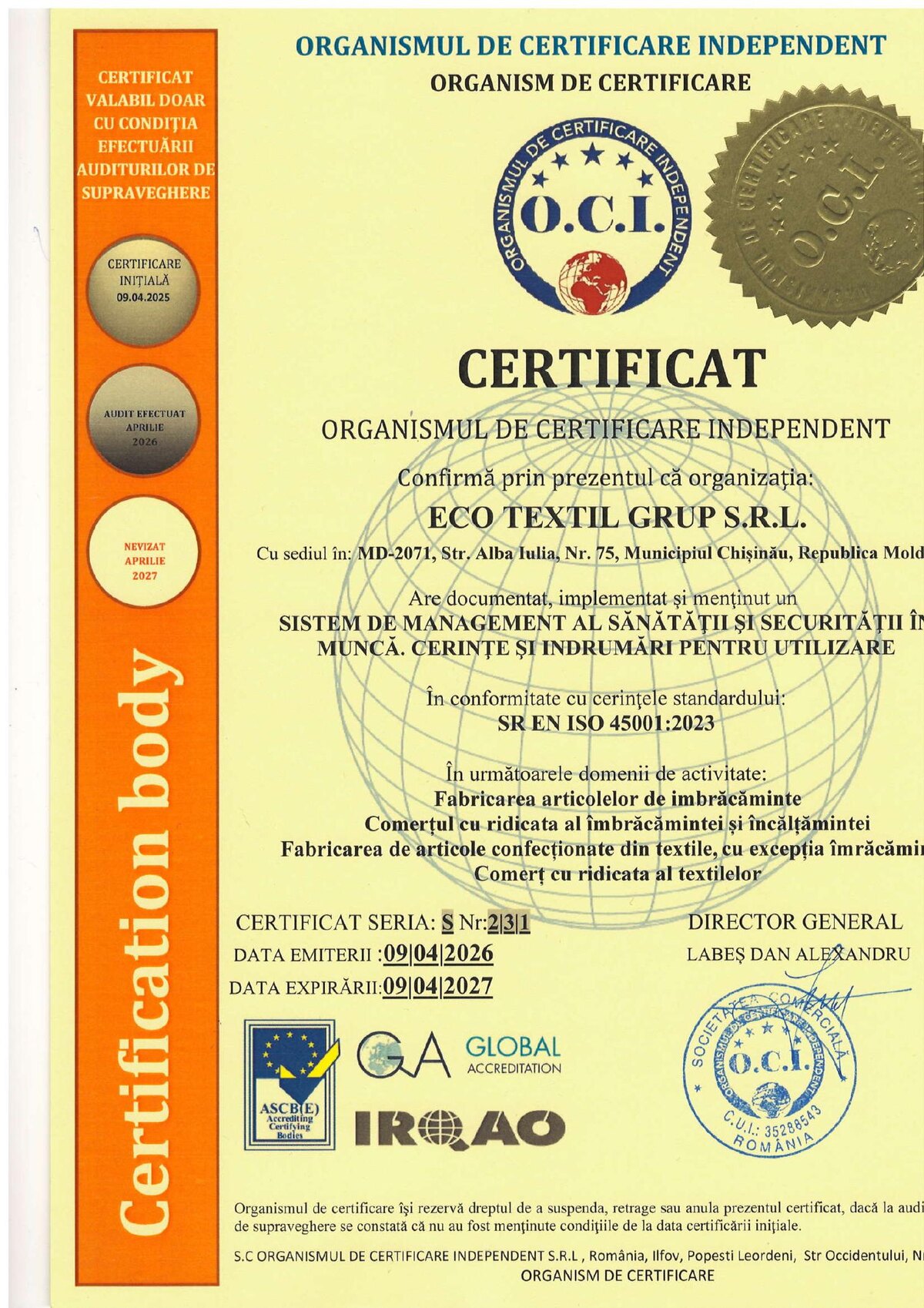 SR EN ISO 45001:2023 certificate for the Eco Textil Grup SRL occupational health and safety management system, certificate S 231, valid from 9 April 2026 to 9 April 2027
